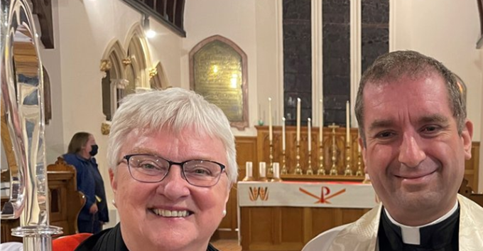 The Revd Stuart Tanswell (centre) and Reader Natalie Tanswell (right) with Bishop June (left)
