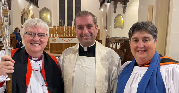The Revd Stuart Tanswell (centre) and Reader Natalie Tanswell (right) with Bishop June (left)